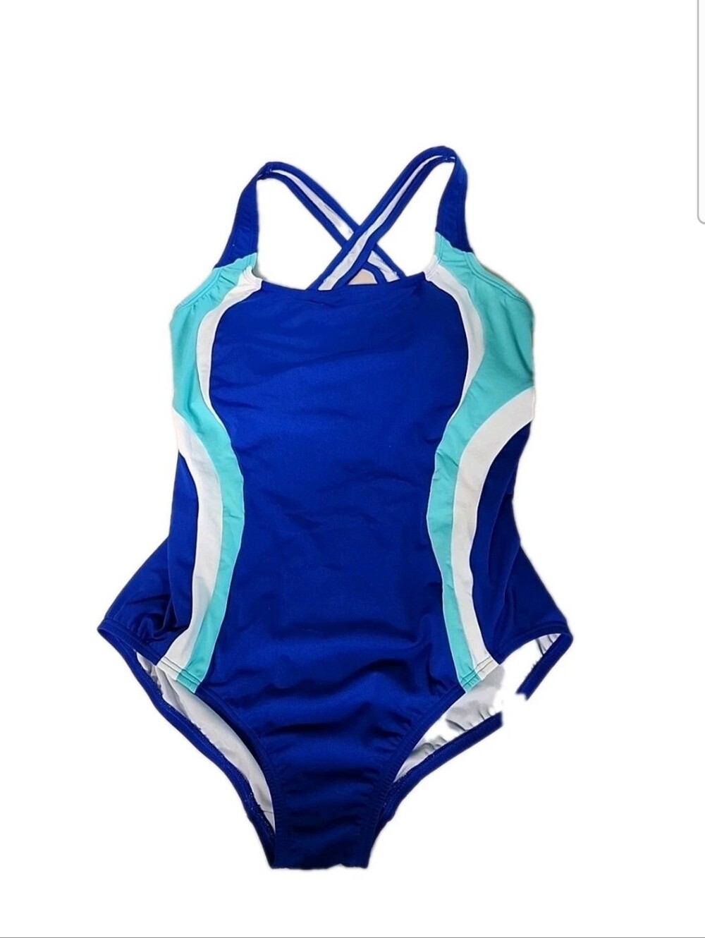 Land's End Blue Colorblock Athletic 1pc No Tug Bottoms UPF50 Swimsuit Size 12